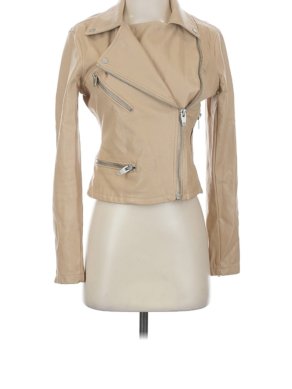 Blank NYC Beige Leather Moto Jacket with Asymmetrical Zip